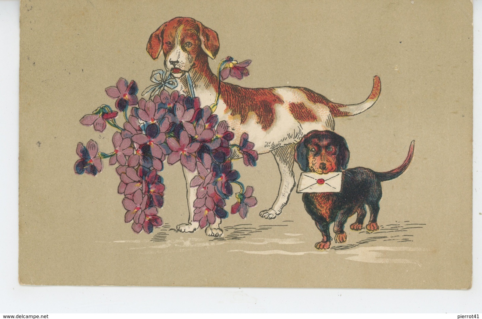 CHIENS - DOG - Jolie Carte Fantaisie Gaufrée Chiens Et Fleurs (embossed Postcard) - Chiens