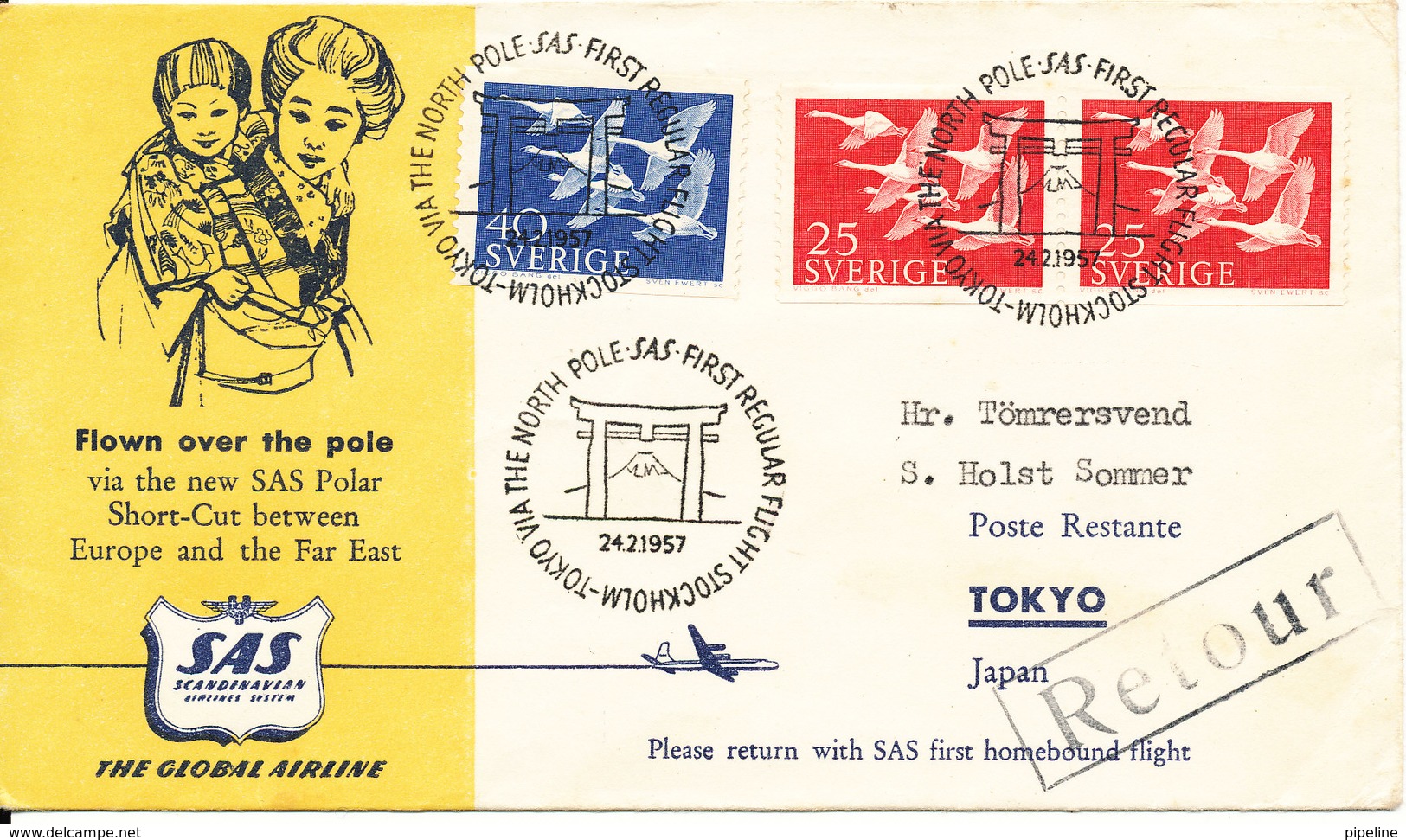 Sweden First SAS Regular Flight Stockholm - Tokyo Via The North Pole 24-2-1957 - Covers & Documents