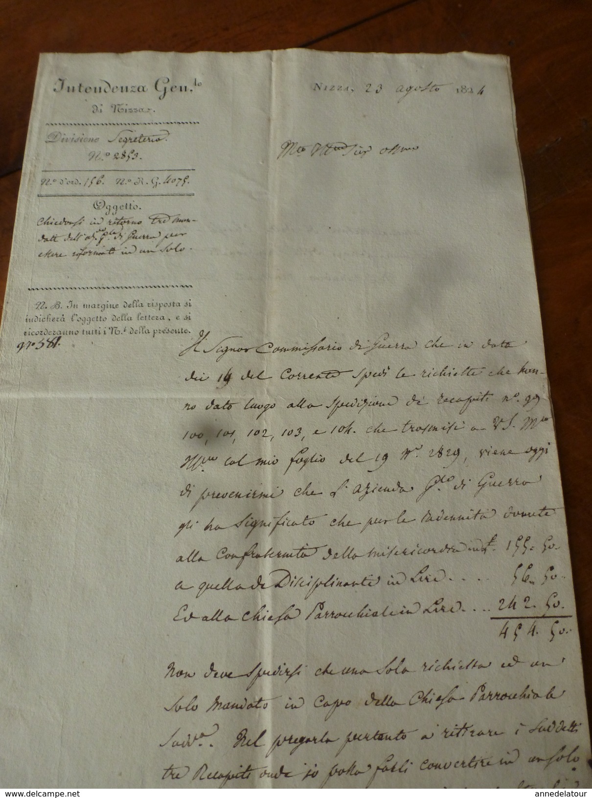 1824 Document Italien Non Déchiffré  (origine Intendenza Generale Di NIZZA (ancien Nom De La Ville De NICE)) - Documents