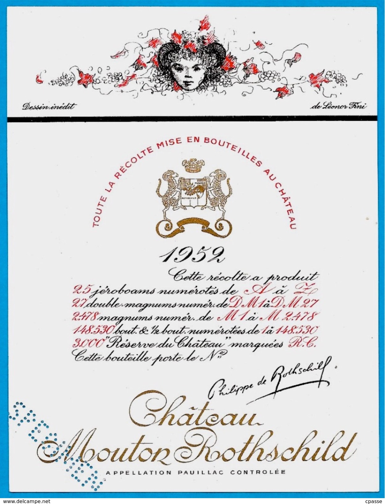 Etiquette Specimen De VIN De BORDEAUX - Château MOUTON ROTHSCHILD 1952 ° Dessin Inédit De Léonor Fini - Bordeaux