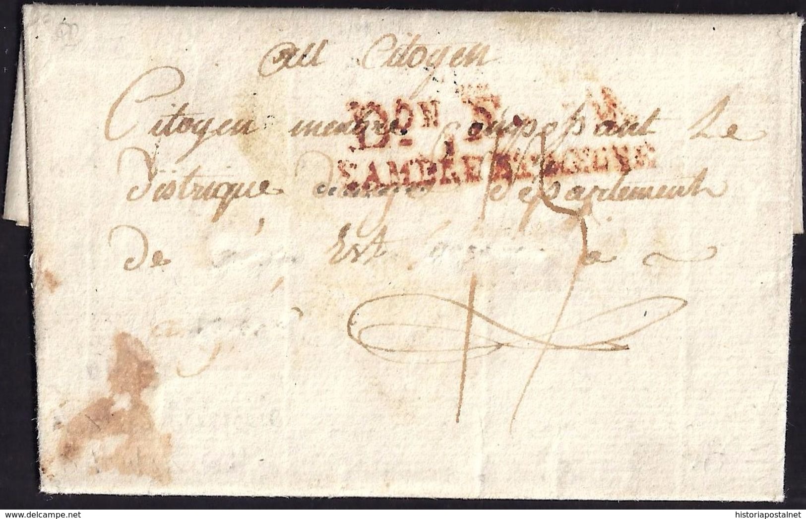 ARMÉE DE SAMBRE ET MEUSE. 1795. PORT DU LA VALLÉE. MARQUE POSTALE "D.ON F ARM. DE SAMBRE ET MEUSE". - Army Postmarks (before 1900)