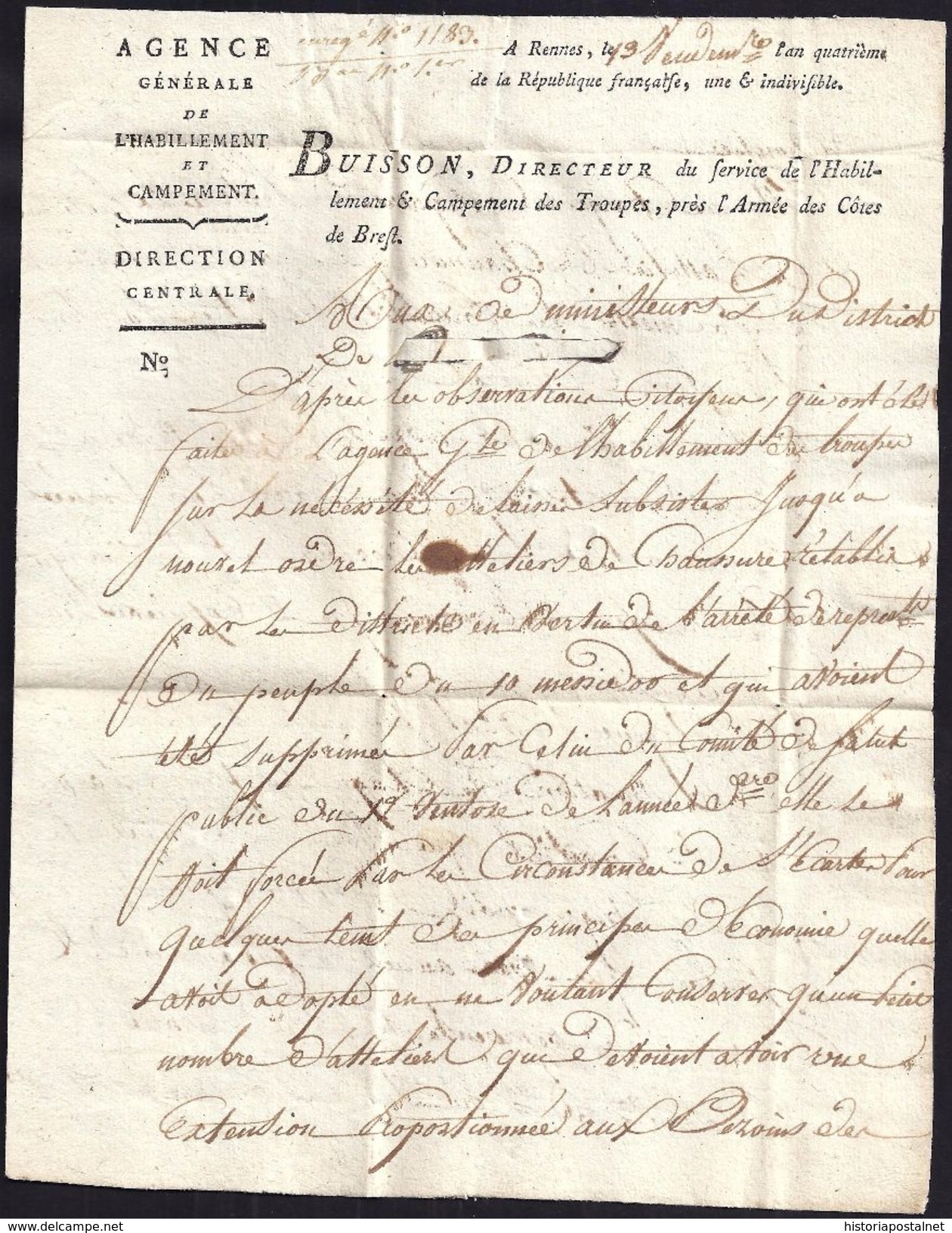 ARMÉE DES COTES DE BREST. 1795. RENNES. MARQUE POSTALE "ARM. DES CTES DE BREST". - Sellos De La Armada (antes De 1900)