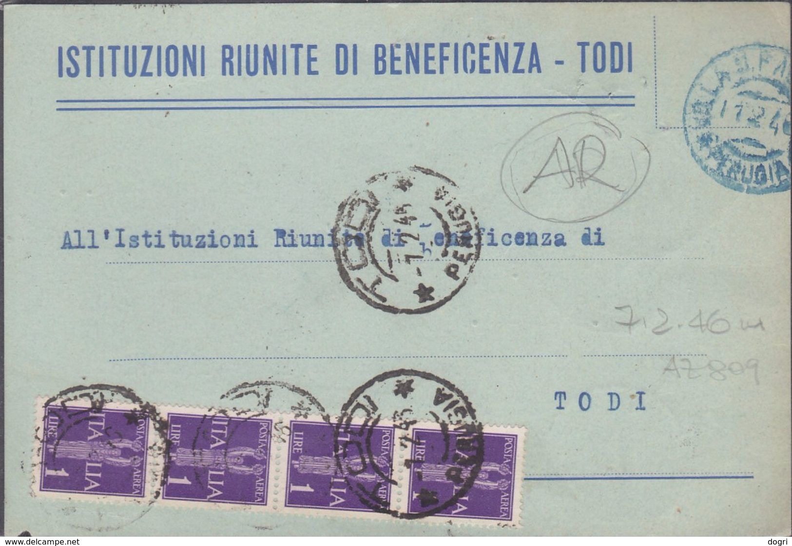 1946 Avviso Di Ricevimento Privato Con Striscia Di 4x1L. Di Posta Aerea  (2 Foto) - 1946-60: Storia Postale