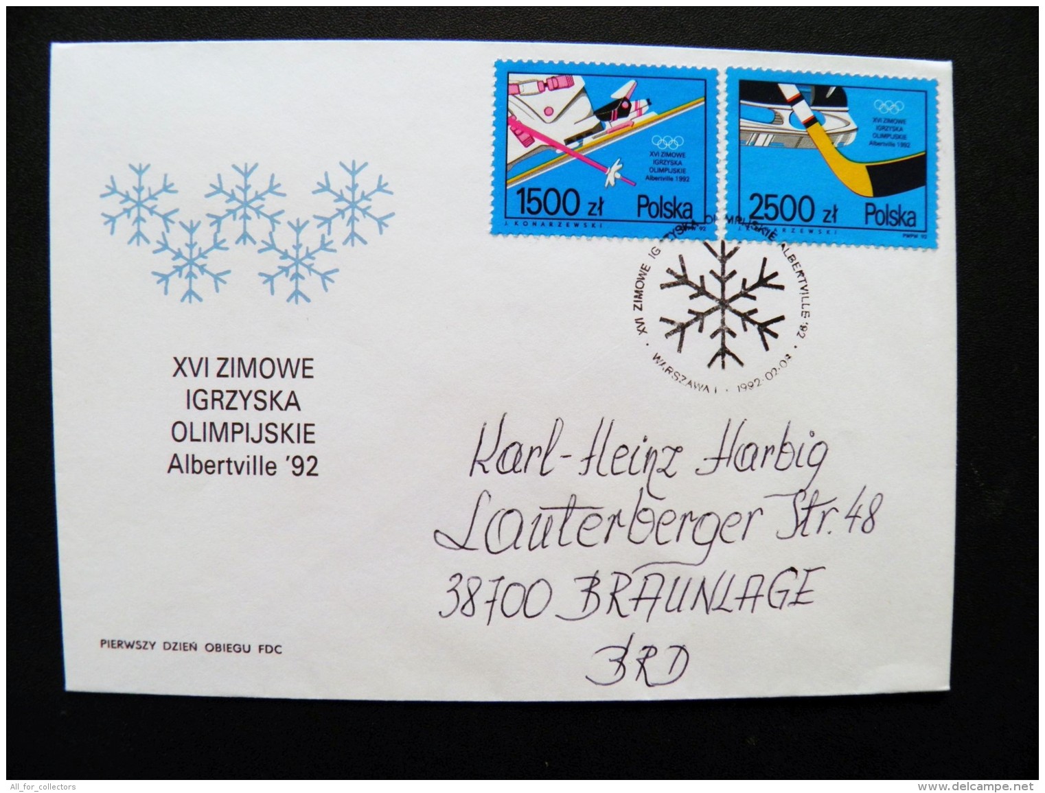 Cover Poland Olympic Games 1992 Albertville Special Cancel Fdc Ice Hockey Slalom - Lettres & Documents