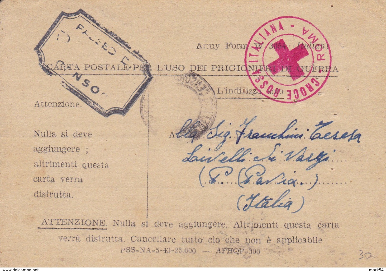 P.M. Prigionieri Di Guerra4 Timbro Rosso Croce Rossa Italiana -Roma - 27-5-43 - Autres & Non Classés