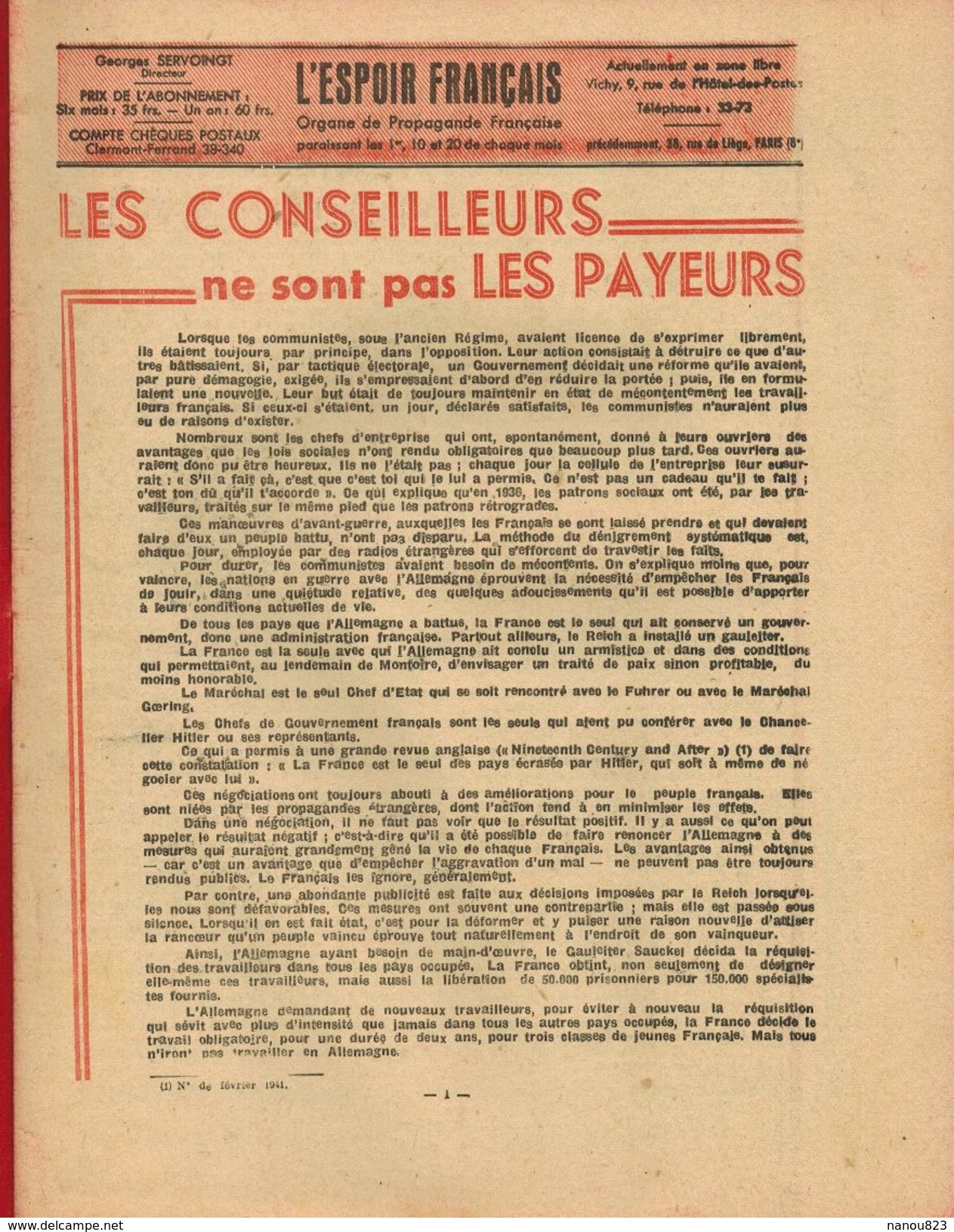 L'ESPOIR FRANCAIS Journal Pétainiste Pétain Propagande Française Résultat D'une Politique  - Vichy - Autres & Non Classés