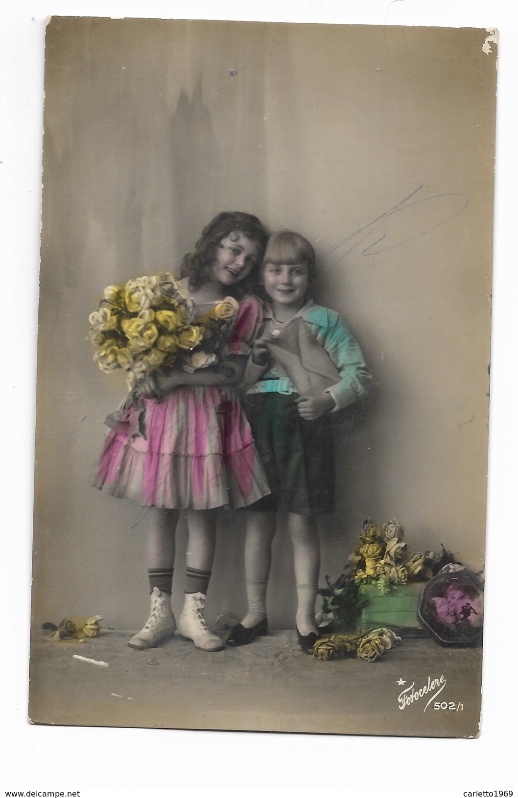 BAMBINI CON MAZZO DI FIORI - FOTOCELERE A COLORI 1925 VIAGGIATA FP - Altri & Non Classificati