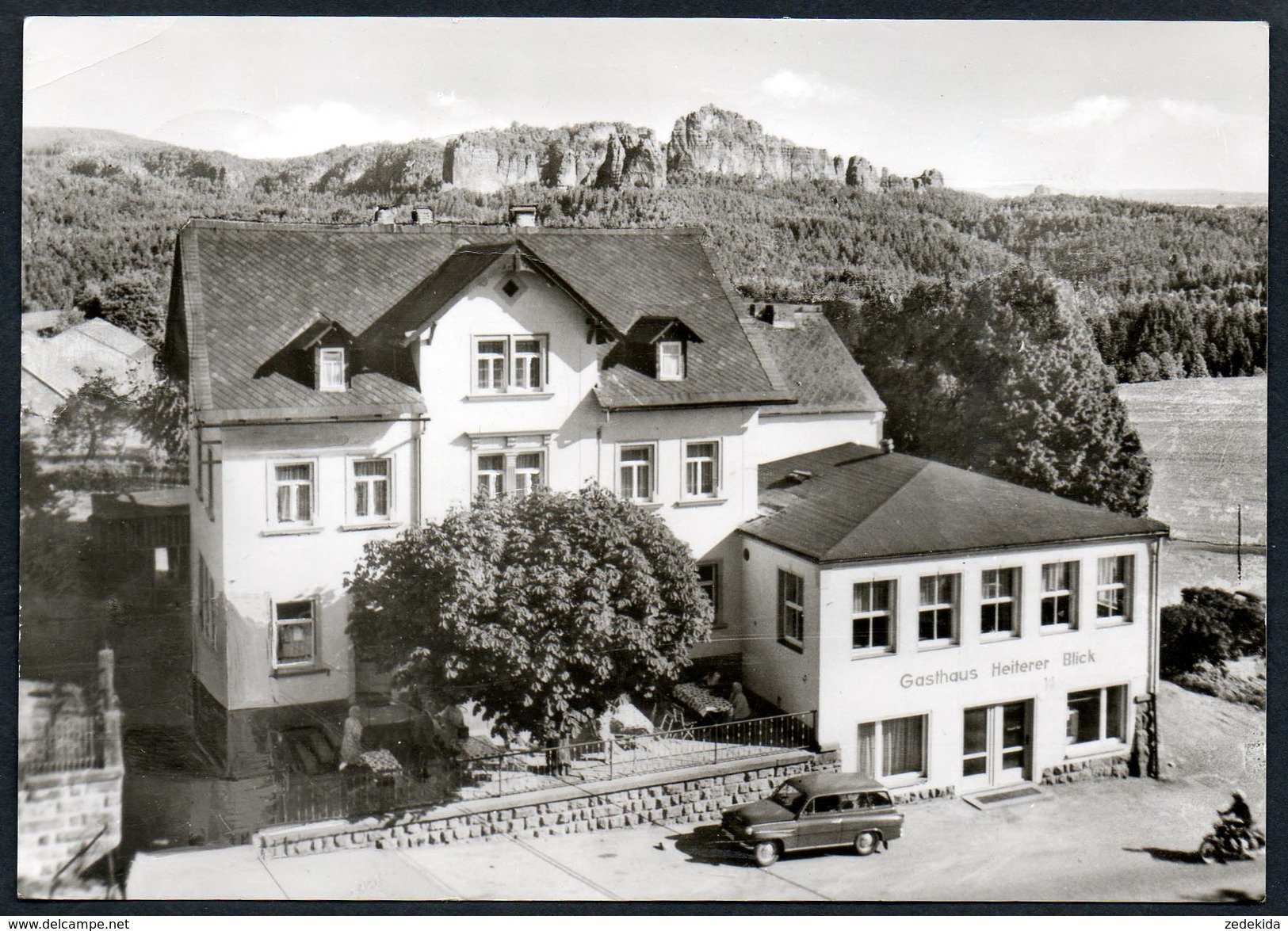 A5728 - Alte Ansichtskarte - Lichtenhain - Gasthaus Gaststätte Heiterer Blick - Fahrzeug PKW - Sebnitz