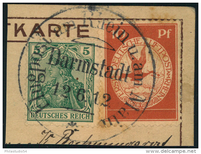 1912, Flugpost Rhein-Main 10 Pfg. Mit 5 Pfg. Germania Auf Kartenausschnitt  ""Darmstadt 12.6.12"" - Zeppelins
