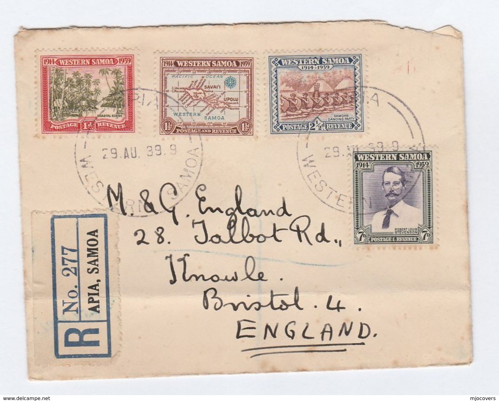 1939 Registered WESTERN SAMOA FDC To Bristol GB Stamps Map Dance Etc Cover - Samoa