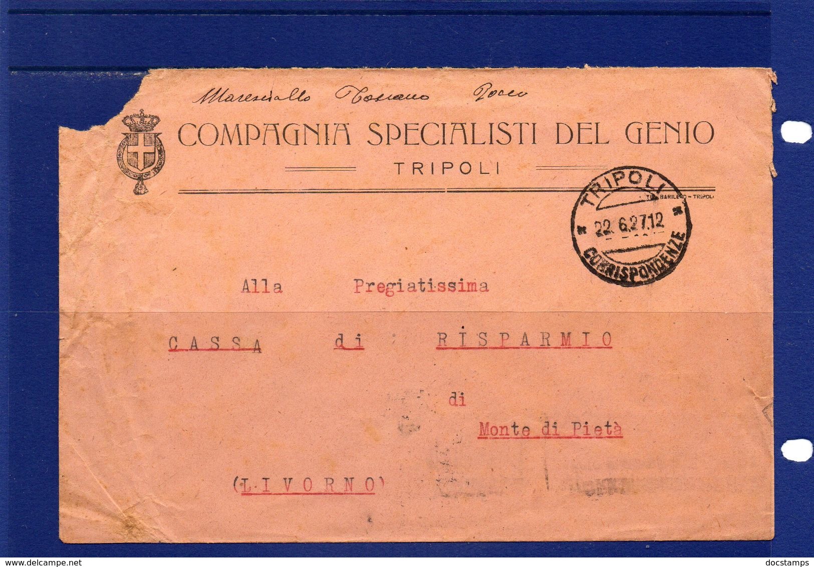 POSTAL HISTORY - Libia -Tripoli 22-6-1927 -  Busta Da Tripoli A Livorno Con Cent. 60 Serie Sibilla Isolato +targhetta - Libyen