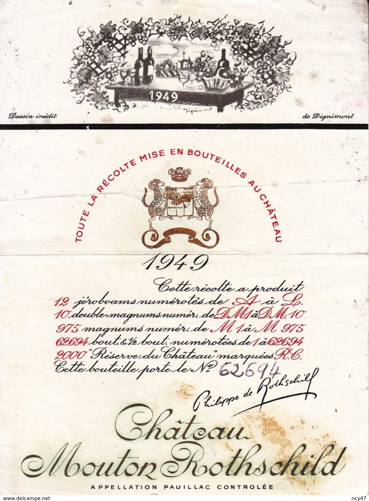 ETIQUETTES DE VIN.  Château MOUTON ROTHSCHILD. Pauillac 1949. P. De Rothschild,  étiquette 75cl  ..K743 - Bordeaux