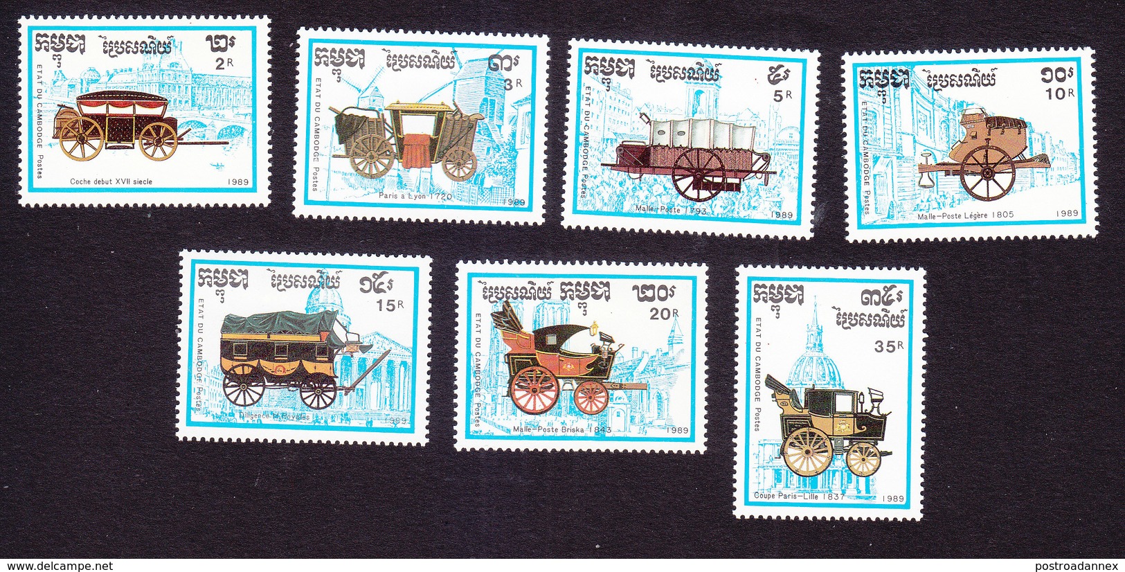 Cambodia, Scott #989-995, Mint Hinged, Carriages, Issued 1989 - Cambodge