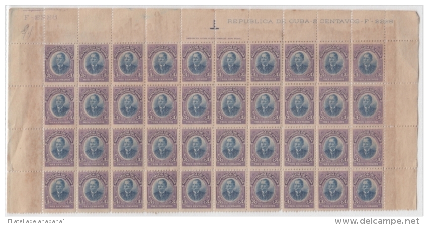 1910-150 CUBA (LG-1230) 1910 Ed.183. 3c JULIO SANGUILY. BLOCK 40 PLATE NUMBER. WITHOUT GUM. - Neufs