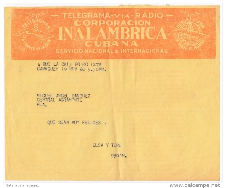 TELEG-221 CUBA (LG-1237) TELEGRAMA CORPORACION INALAMBRICA RADIO 1960. TELEGRAFO TELEGRAPH. - Telegraph