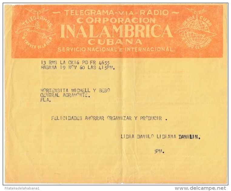 TELEG-222 CUBA (LG-1238) TELEGRAMA CORPORACION INALAMBRICA RADIO 1960. TELEGRAFO TELEGRAPH. - Telegraph
