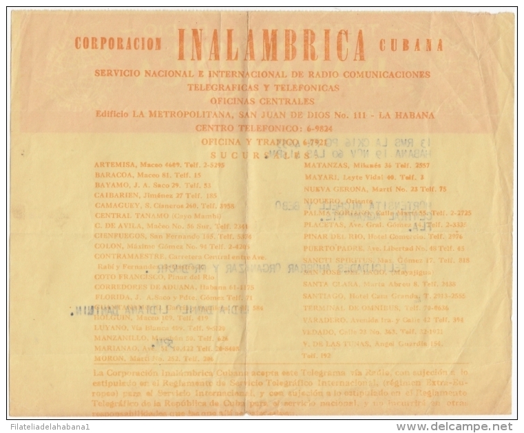 TELEG-222 CUBA (LG-1238) TELEGRAMA CORPORACION INALAMBRICA RADIO 1960. TELEGRAFO TELEGRAPH. - Telegraph