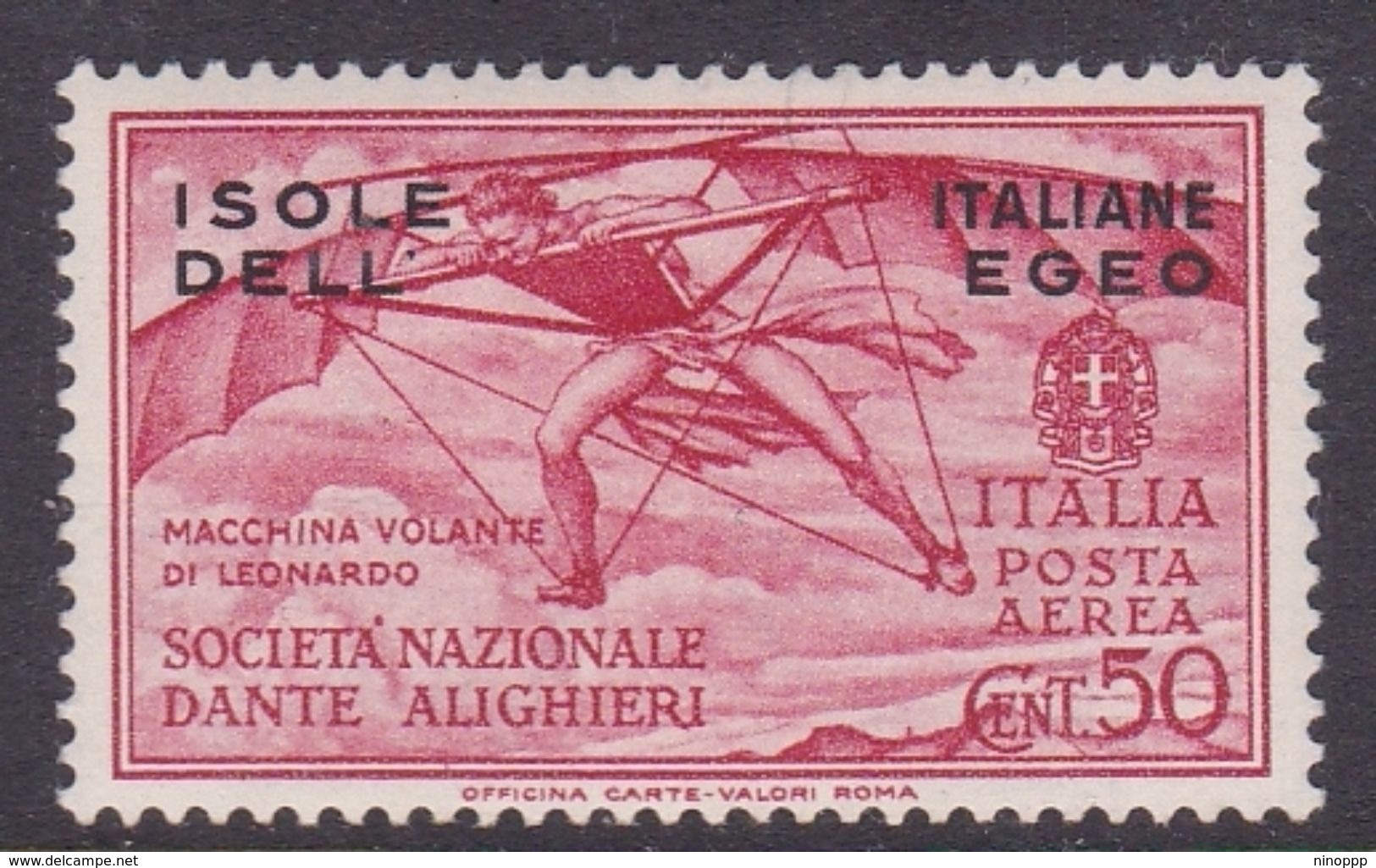 Italy-Colonies And Territories-Aegean General Issue-Rodi A8 1932 Air Mail Dante Alighieri 50c Carmine MH - Emissions Générales