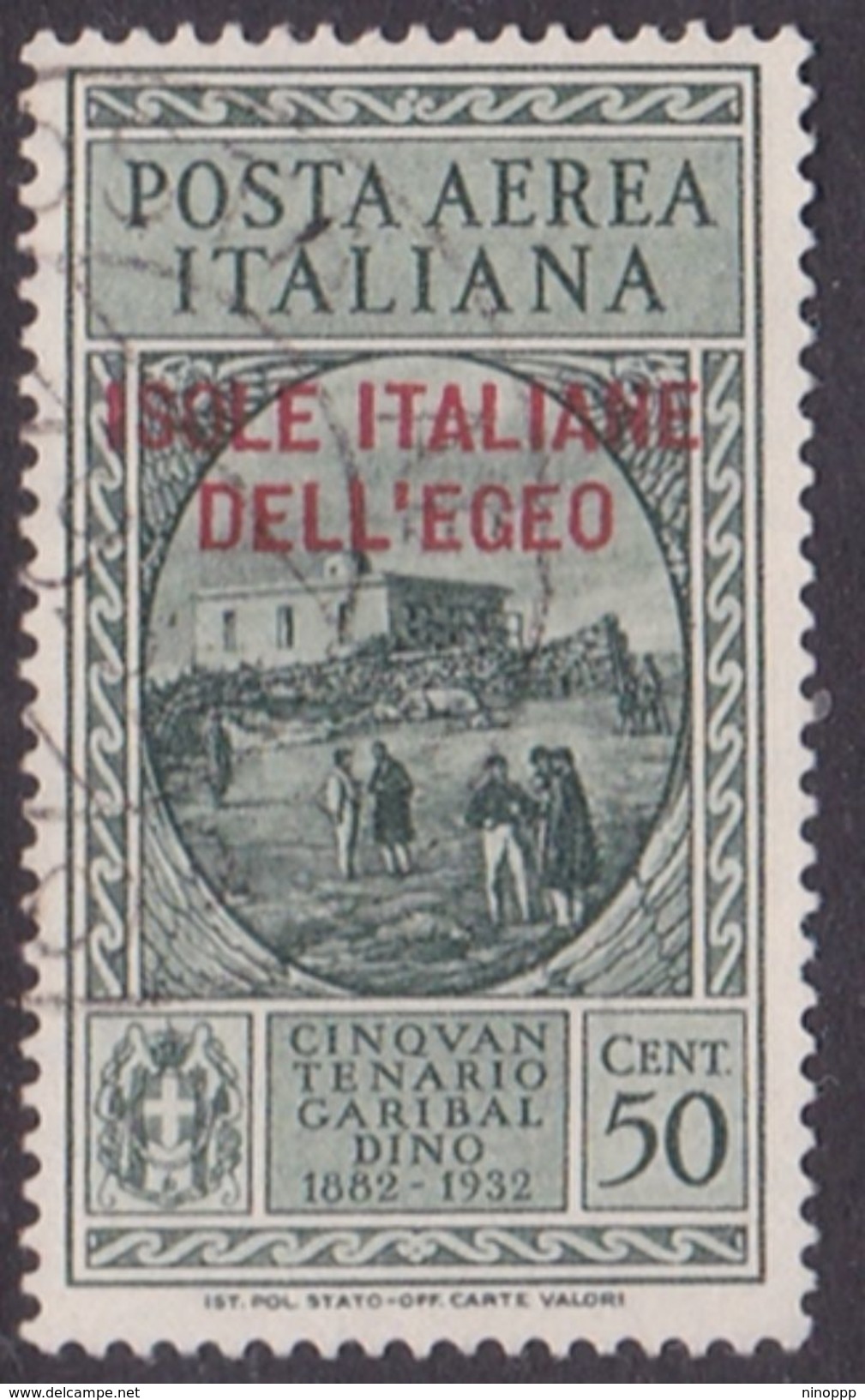 Italy-Colonies And Territories-Aegean General Issue-Rodi A14 1932 Air Mail Garibaldi 50c Green Gray Used - Emissions Générales