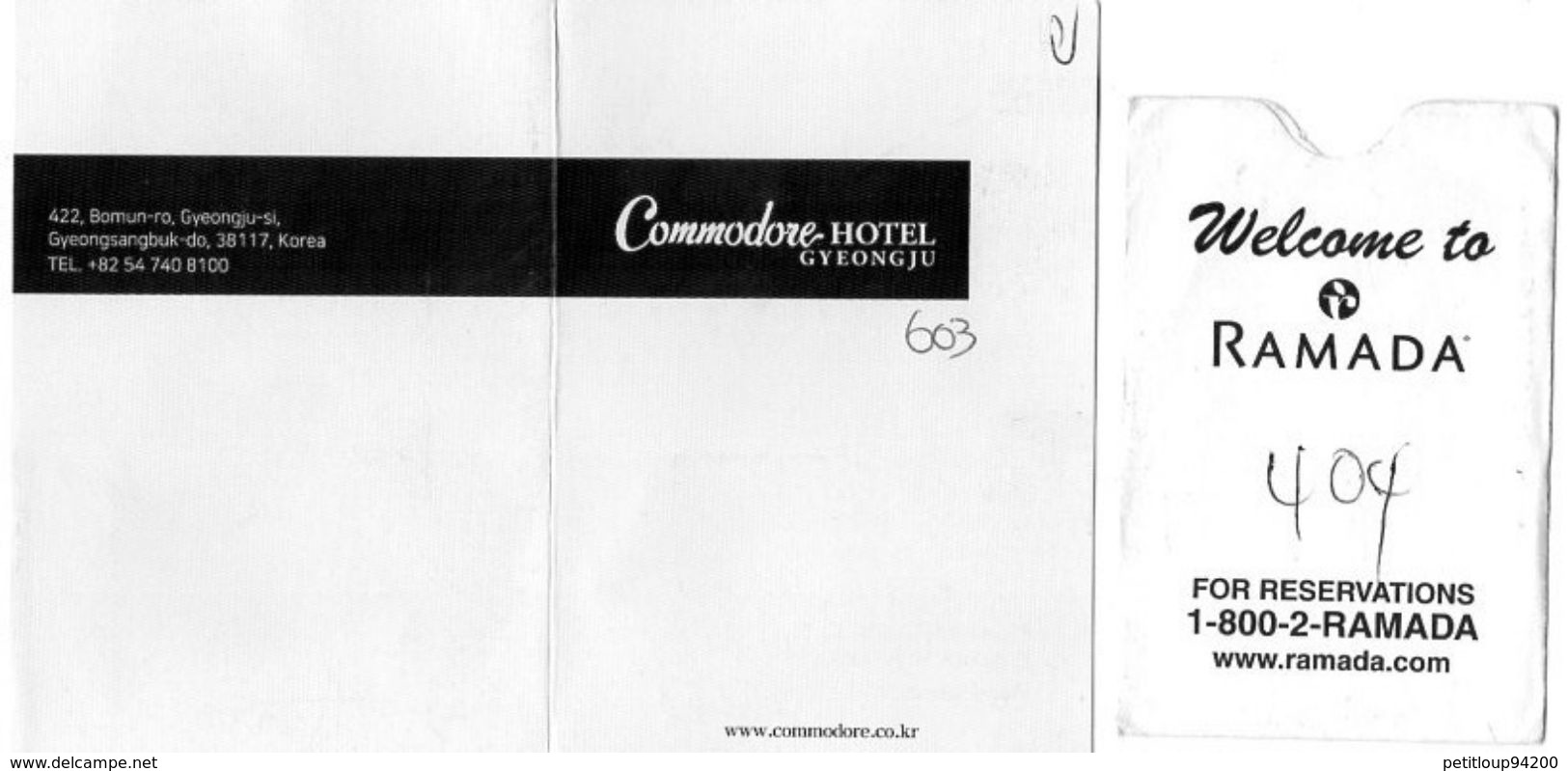 2 PÖCHETTES CLES D´HOTEL  *COMODORE HOTEL Gyongju  COREE Du SUD * RAMADA HOTEL Seattle  ETATS-UNIS - Hotel Key Cards