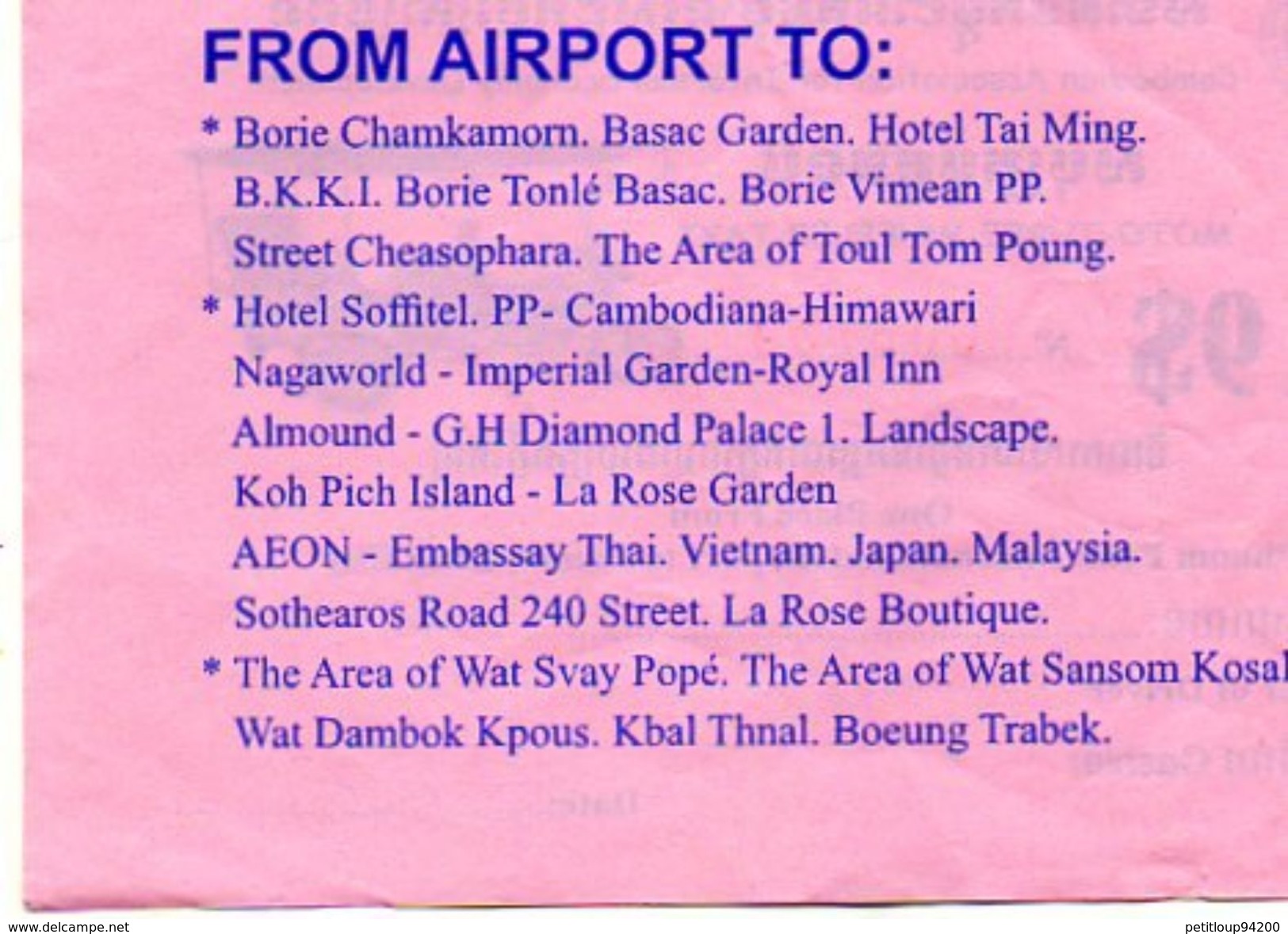 TICKET TRANSPORT TUK-TUK Phnom Penh  Cambodge - Other & Unclassified