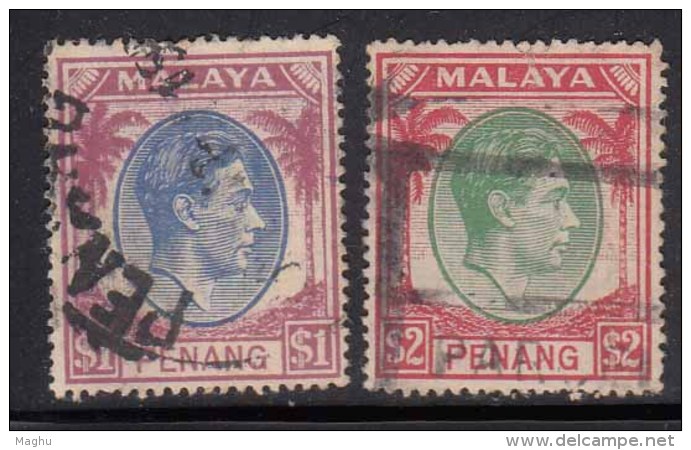 $1 And $2 Used Penang , 1949 - 1952 KGVI Series ,  Malaya, Malaysia, - Penang