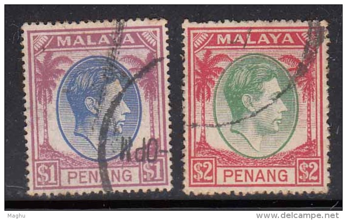 $1 And $2 Used Penang , 1949 - 1952 KGVI Series ,  Malaya, Malaysia, - Penang