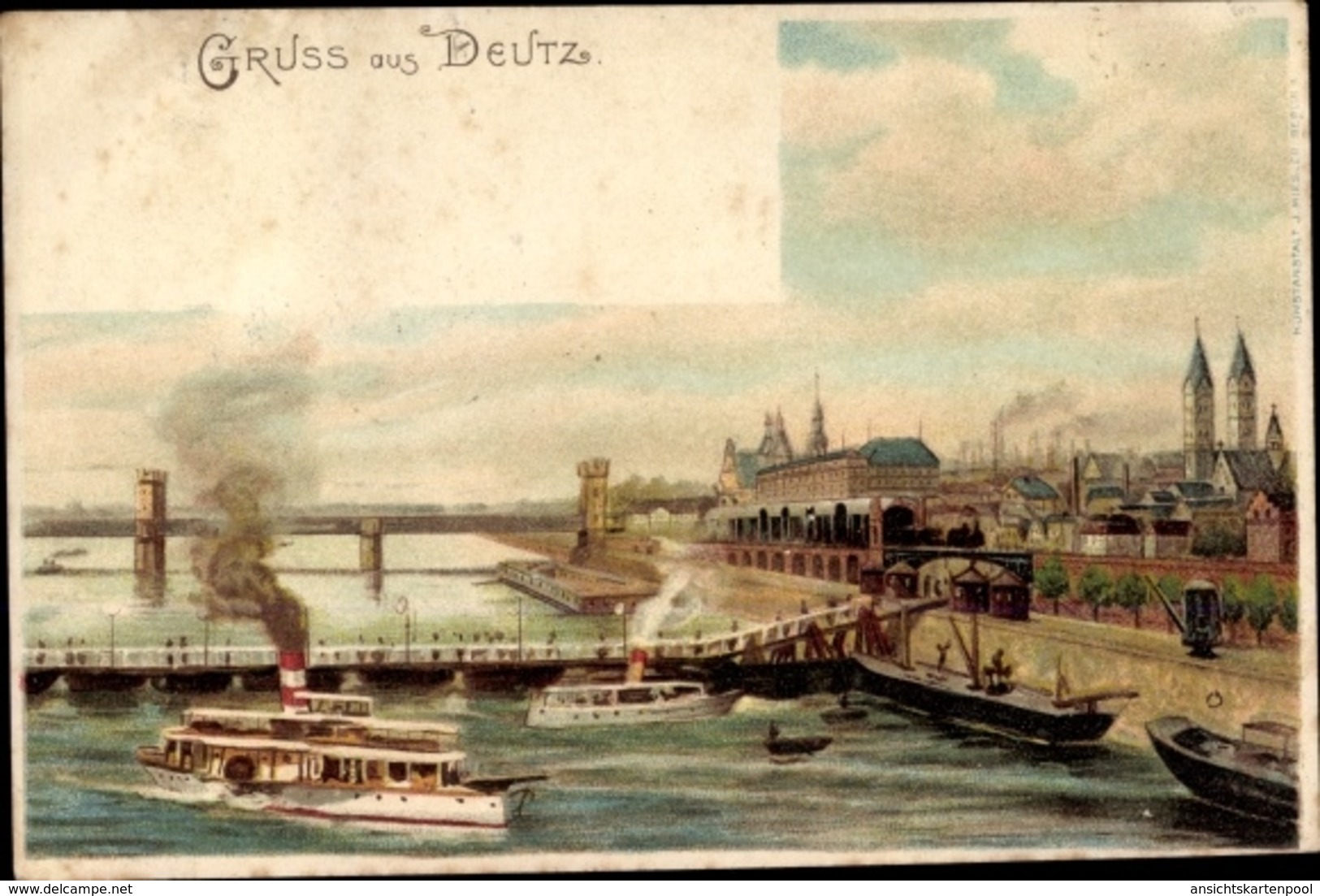 Lithographie Deutz Köln Nordrhein Westfalen, Rheinpartie Mit Blick Auf Den Ort, Schiffbrücke, Dampfer - Autres & Non Classés