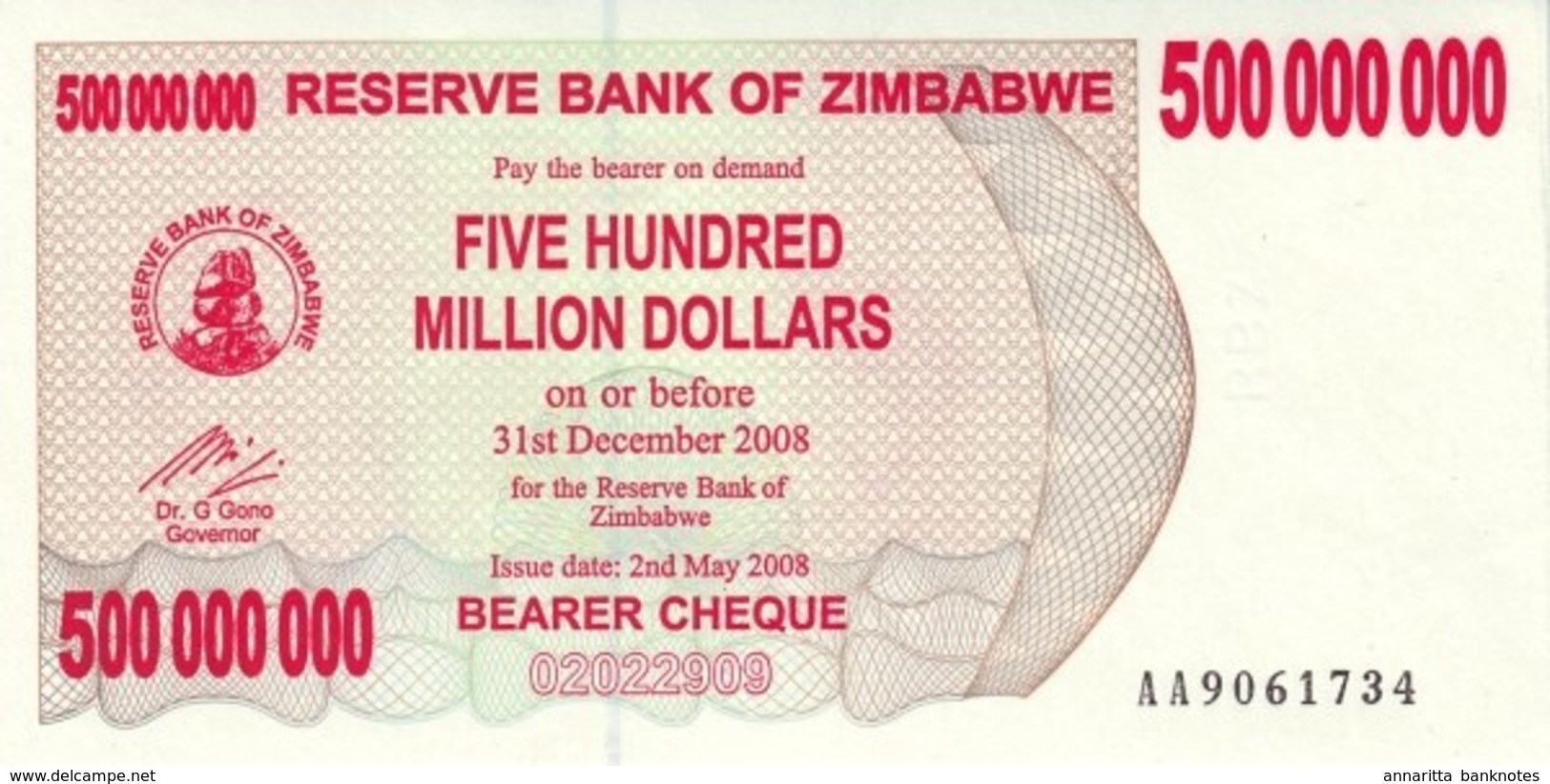 ZIMBABWE 500 MILLION DOLLARS 2008 P-60a NEUF [ZW151a] - Simbabwe