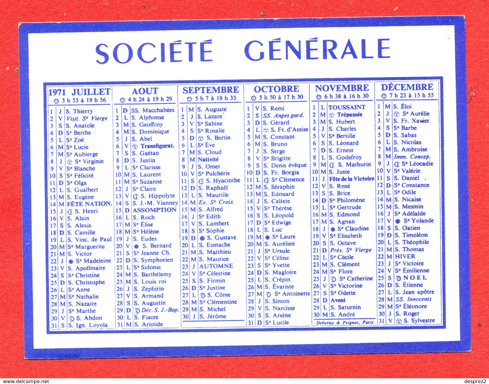 Calendrier Societe Générale 1971 Petit Format - Petit Format : 1971-80