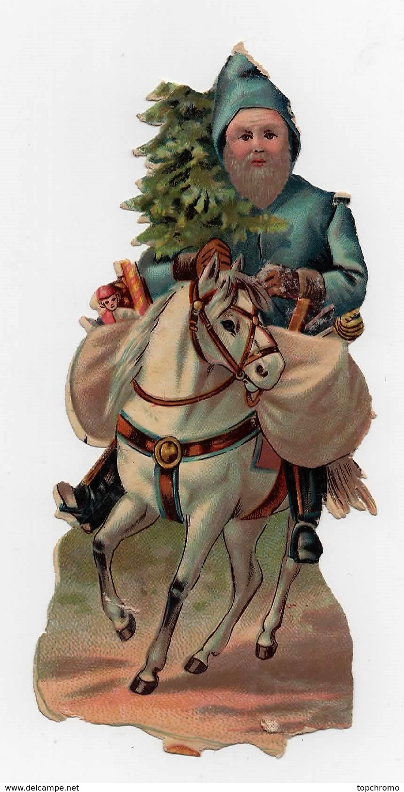 CHROMO Découpis Gaufrée Père Noël Cheval Sapins Jouets Cheval - Christmas