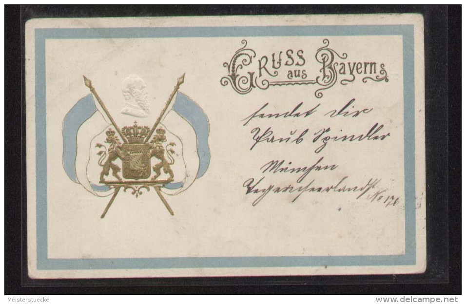 Präge-AK Gruss Aus Bayern - Wappen Zwischen Zwei Fahnen - Gelaufen 6.4.1900 - Sonstige & Ohne Zuordnung