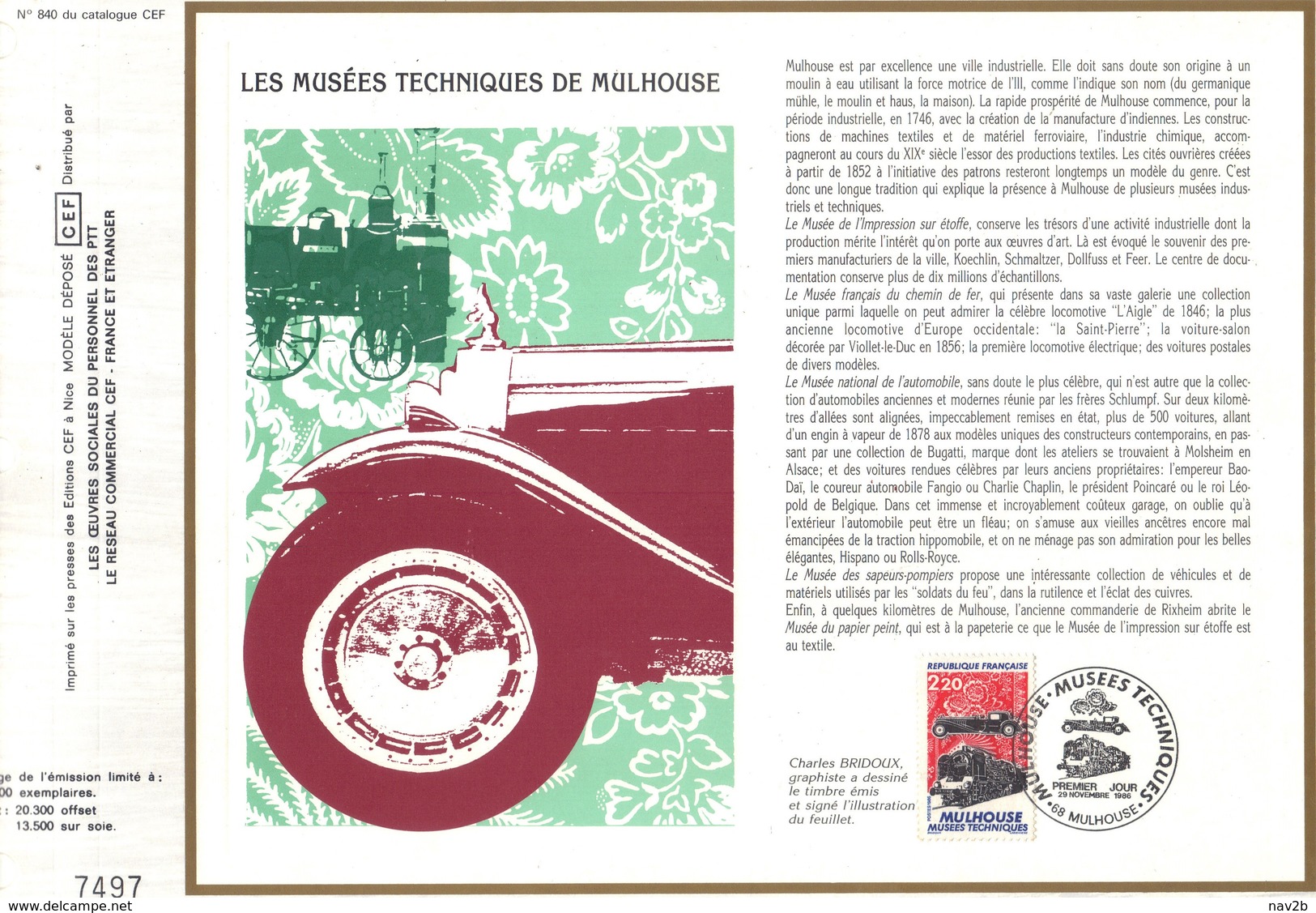 Sur Feuillet CEF , FDC 1986 Mulhouse .   LES  MUSEES  TECHNIQUES  DE  MULHOUSE . - 1980-1989