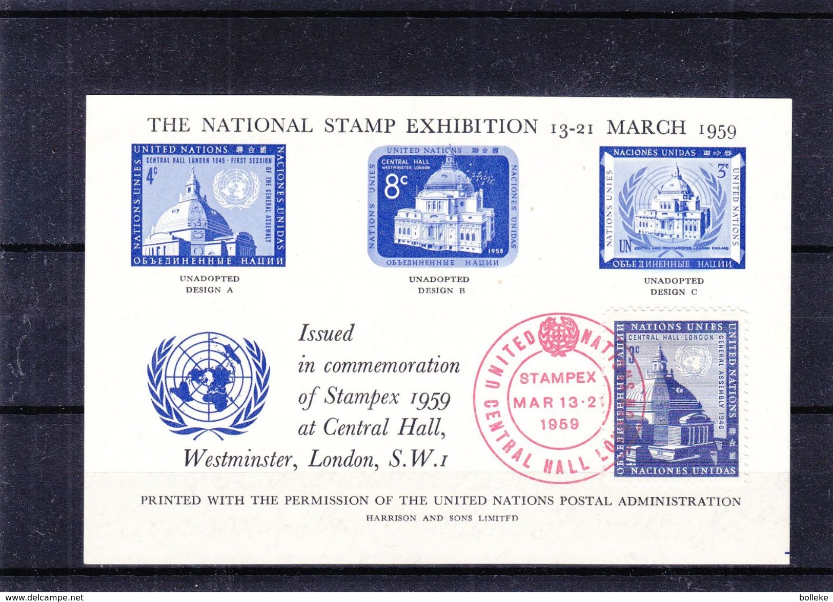 Nations Unies - Feuillet Remis Lors De L'expo Stampex De 1959 à Londres - - Usati