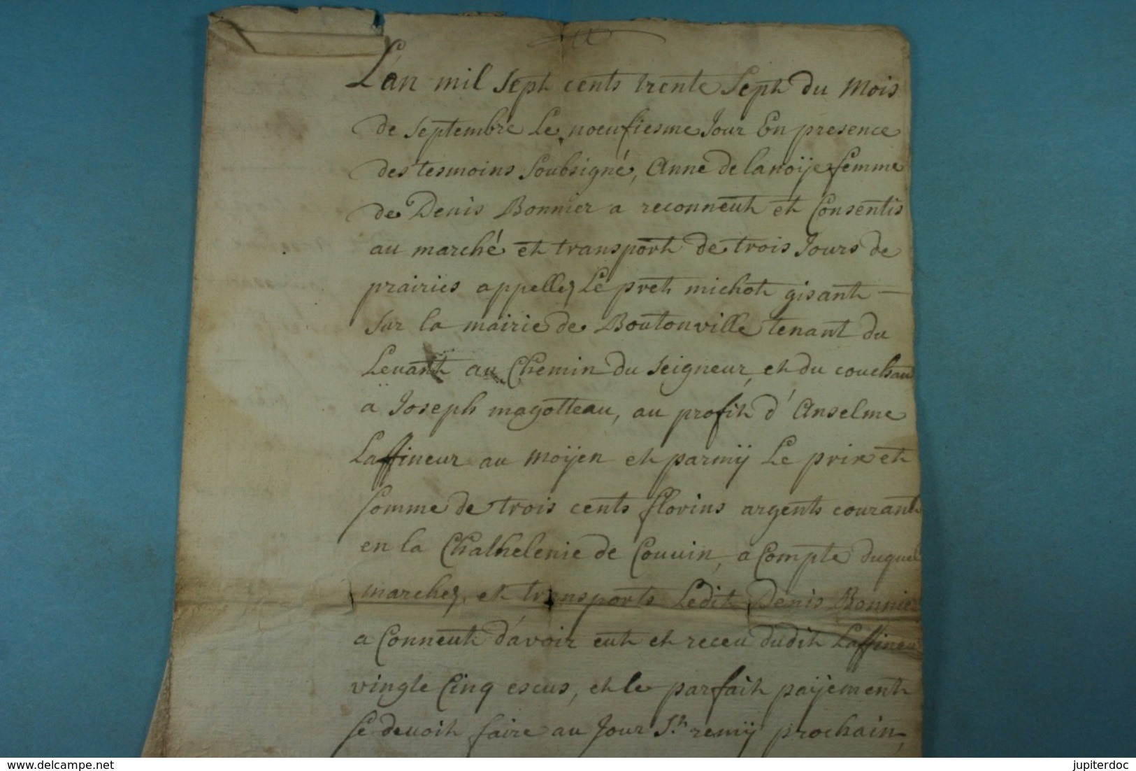 1737 Acte De Vente De Anne De La Noye épouse Bonnier à Anselme Laffineur (Boutonville,Baileux) - Documents Historiques