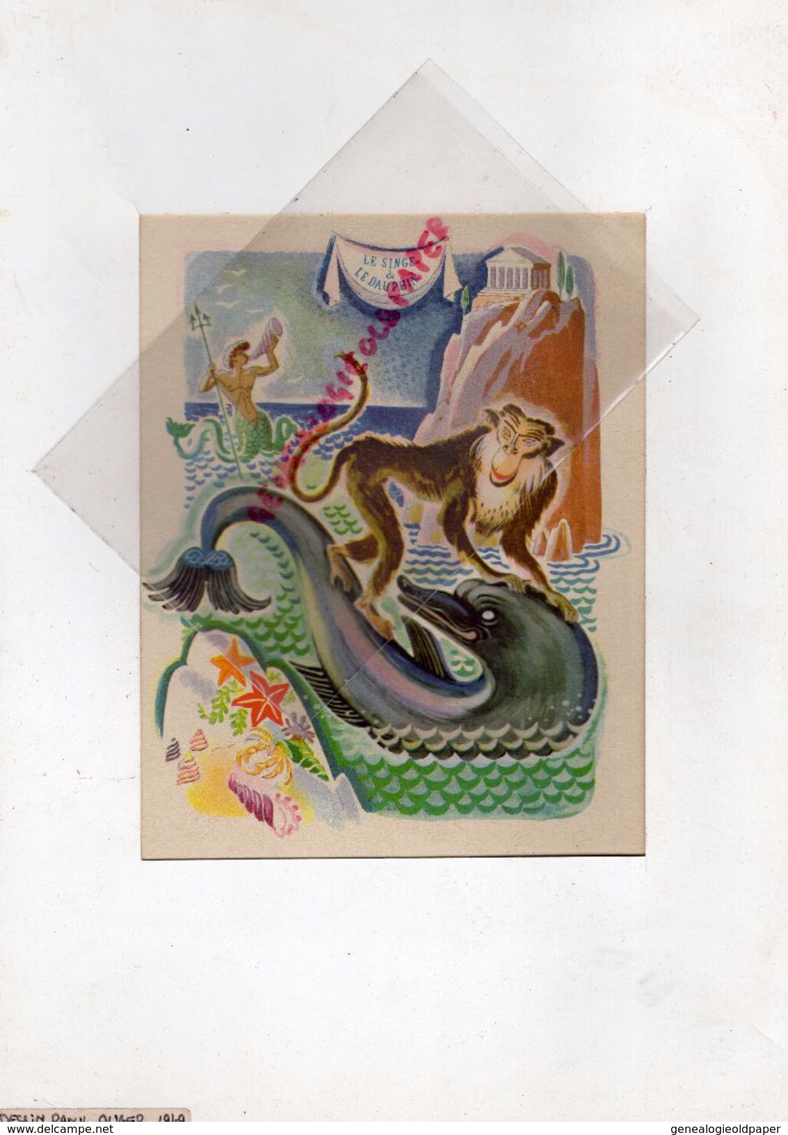 GRAVURE DESSIN DE RAOUL AUGER 1949- LE SINGE ET LE DAUPHIN   -FABLES DE LA FONTAINE - Estampes & Gravures