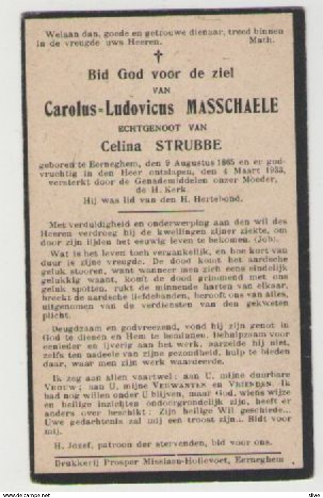 BIDPRENTJE CAROLUS MASSCHAELE EERNEGEM - Religion & Esotérisme