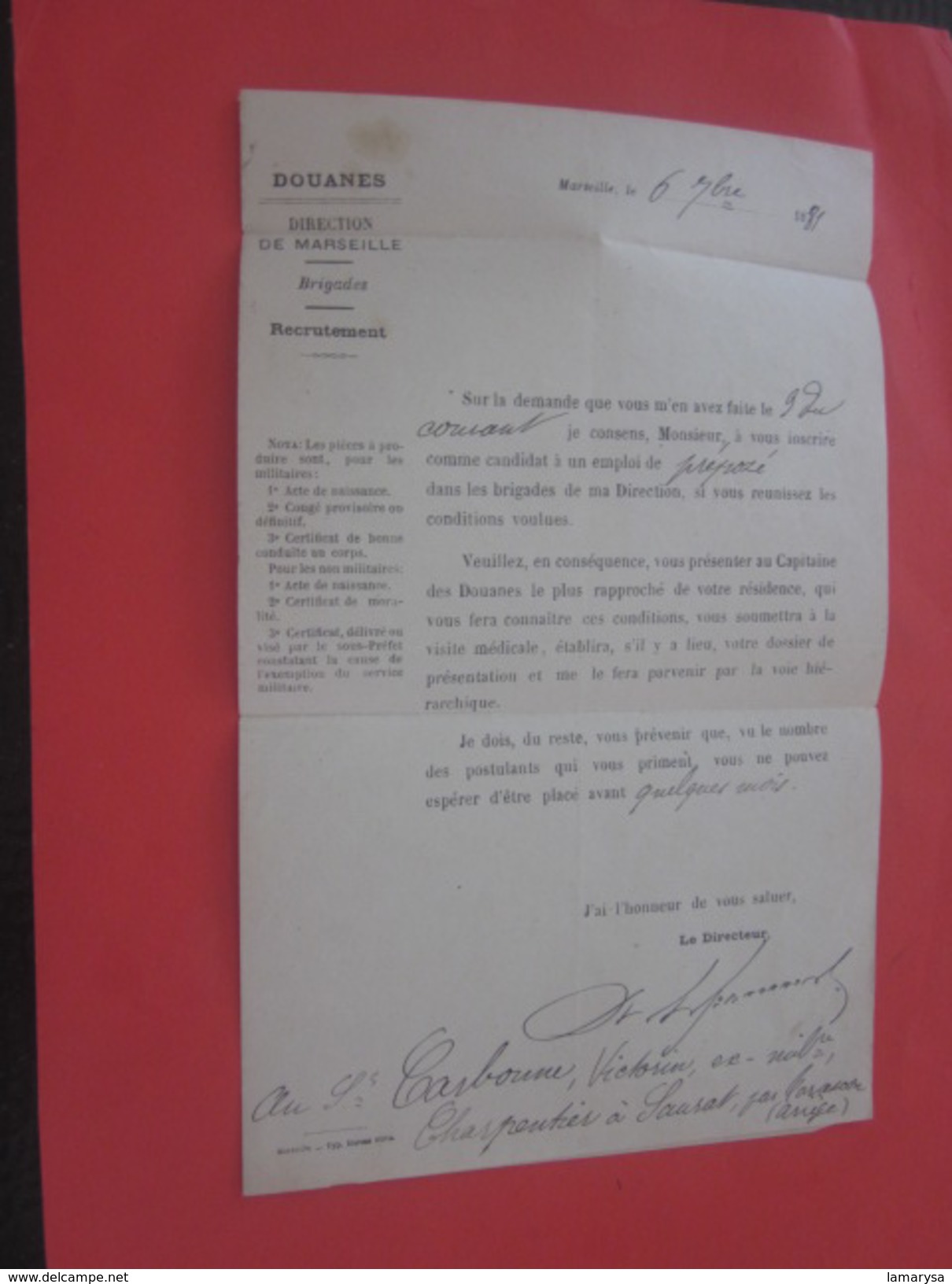 Sept 1881 Lettre Civile En Franchise Courrier Demande D'emploi Marseille Douanes Saurat Par Tarascon France Marcophilie - Lettres Civiles En Franchise