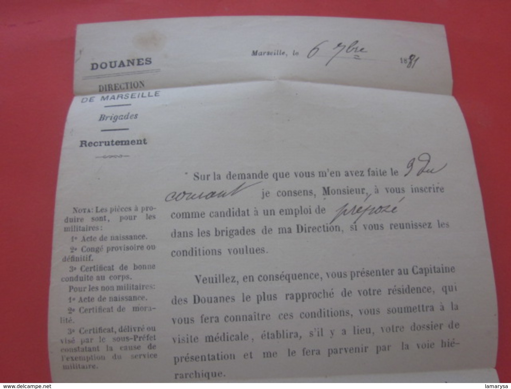 Sept 1881 Lettre Civile En Franchise Courrier Demande D'emploi Marseille Douanes Saurat Par Tarascon France Marcophilie - Lettres Civiles En Franchise