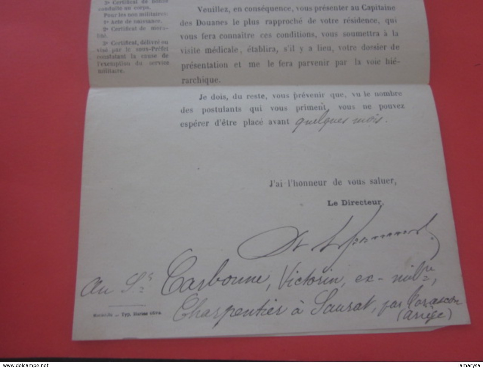 sept 1881 Lettre civile en franchise courrier demande d'emploi Marseille Douanes Saurat par Tarascon France Marcophilie