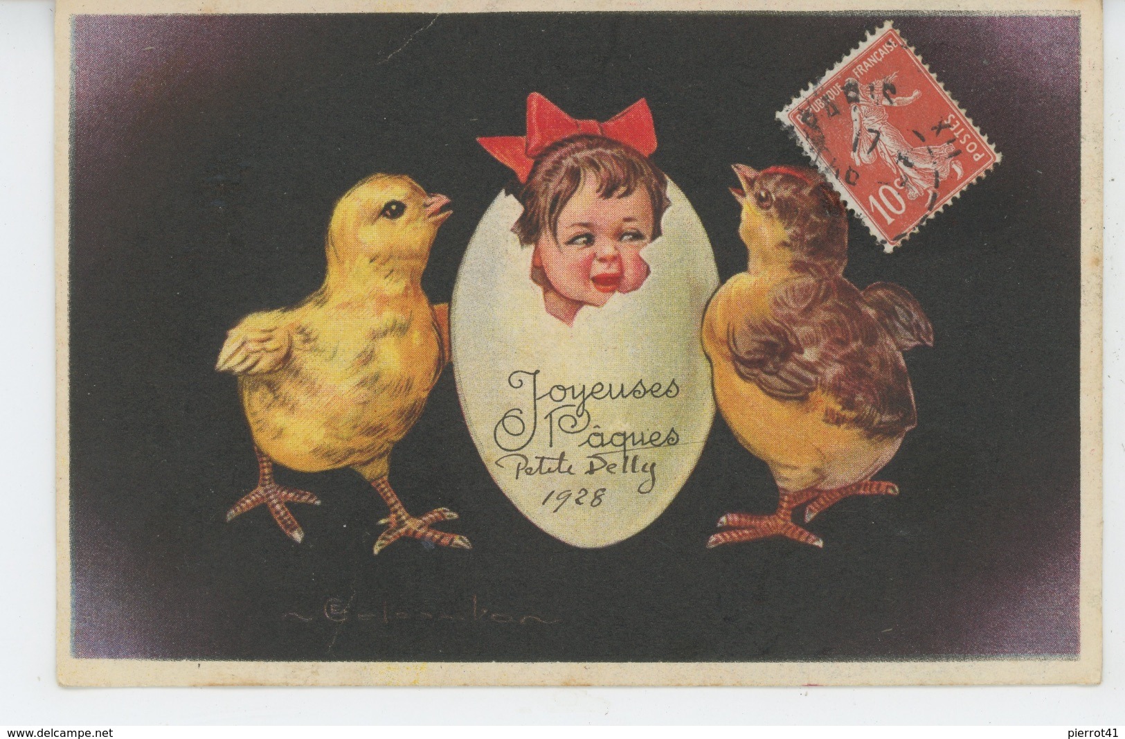 ENFANTS - Jolie Carte Fantaisie Fillette Dans Oeuf Avec Poussins De "Joyeuses Pâques" Signée COLOMBO - Pâques