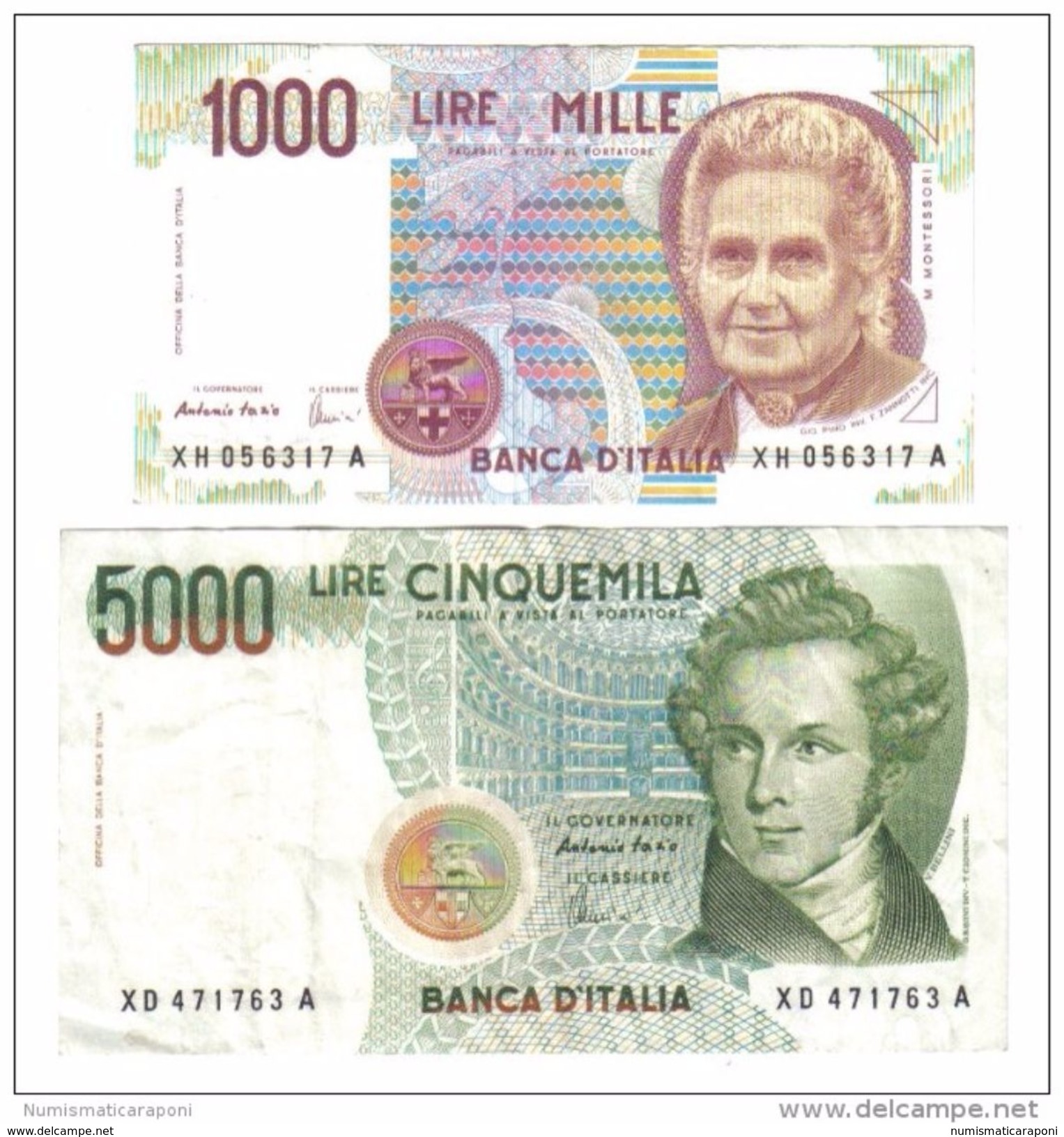 1000 LIRE MONTESSORI XH + 5000 LIRE BELLINI XD SOSTITUTIVE LOTTO 2 PZ LOTTO 302 - Collections