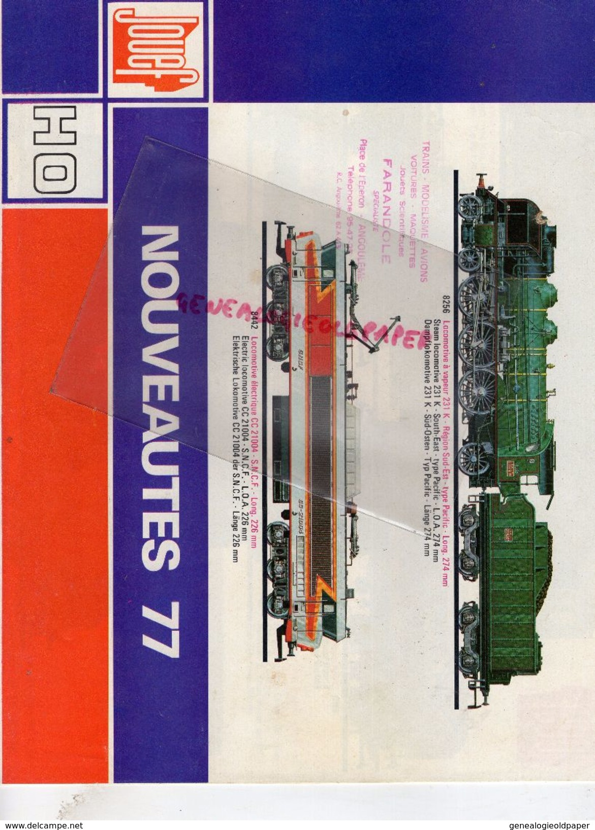 CATALOGUE JOUETS- JOUEF NOUVEAUTES 1977- LOCOMOTIVE GARE TRAINS- CACHET FARANDOLE ANGOULEME- HO-FERRARI-PORSCHE LIGIER - Ferrovie & Tranvie