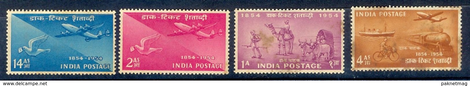 S143- India 1954. Stamp Centenary, Airplane, Pigeon Post.Train, Ship. Mail, Airmail, Transport, Postman, Camel. - Used Stamps