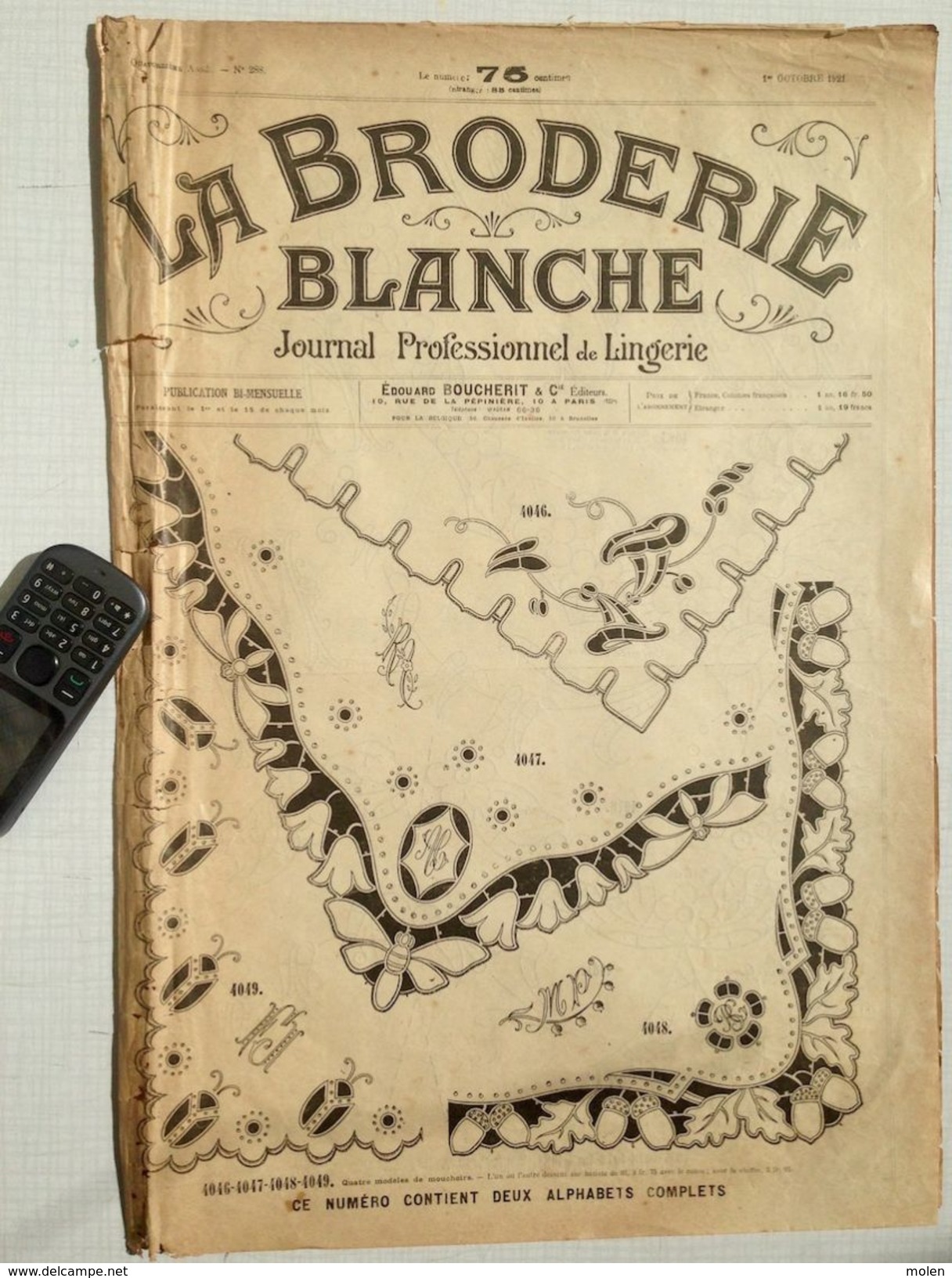 ©1-10-1921 LA BRODERIE BLANCHE EMBROIDERY BORDUURWERK STICKEREI RICAMO DMC CROSS STITCH Dentelle POINT DE CROIX R44 - Punto De Cruz