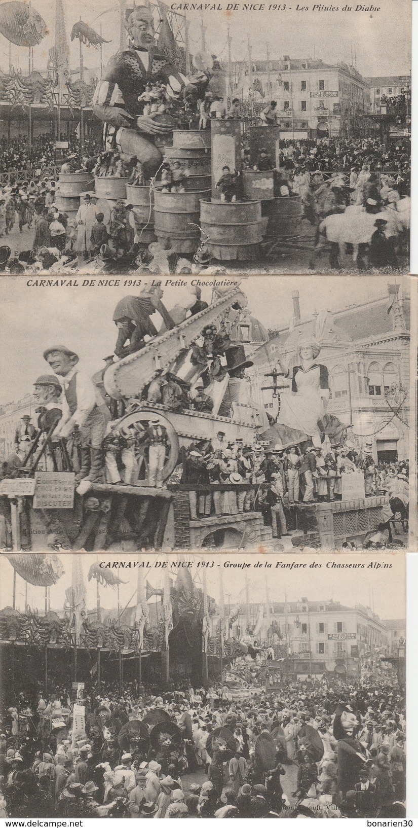 3 CPA 06 NICE CARNAVAL1913 PILULES DIABLECHOCOLATIERE FANFARE CHASSEURS ALPINS - Carnaval