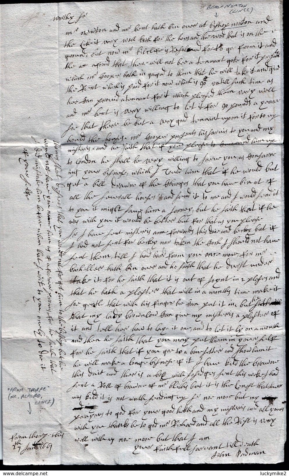 1662 Letter "to His Worthy Master Colonel John Newton" From "John Padman, Thorpe", With An Early Bishopmark.  Ref 0402 - Marcofilia