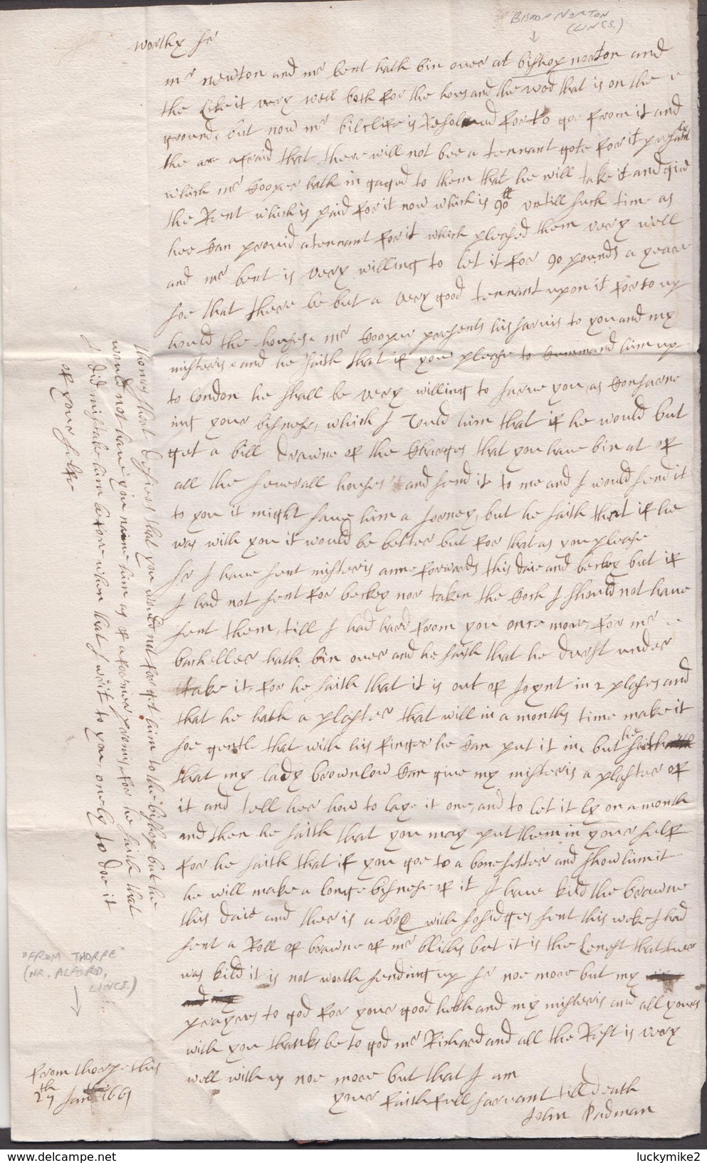 1662 letter "to his worthy master Colonel John Newton" from "John Padman, Thorpe", with an early bishopmark.  ref 0402