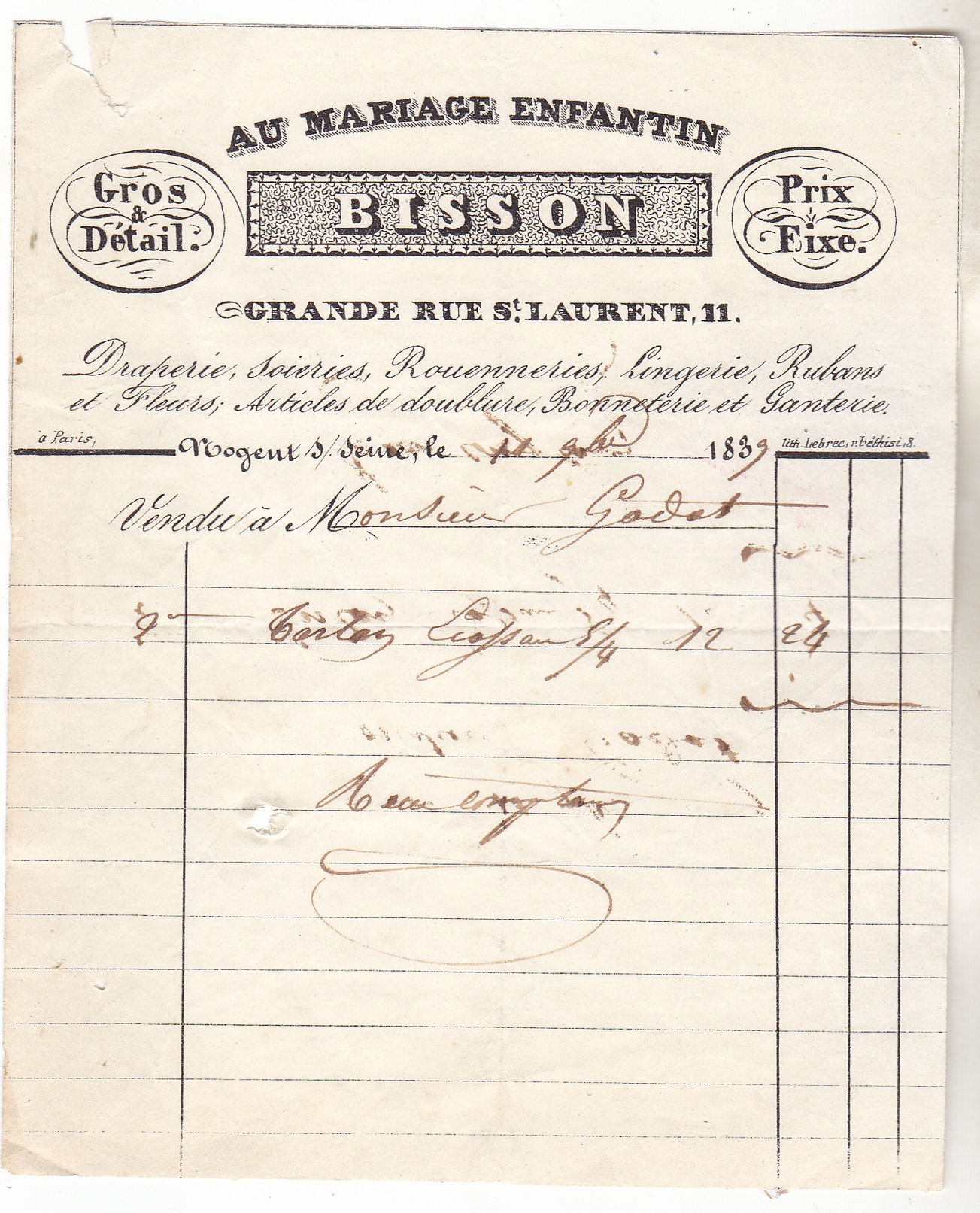 10 Nogent Sur Seine - AU Mariage Enfantin, BISSON , 11 Grande Rue St Laurent. Facture  Complète De 1839.Tb état. - 1800 – 1899