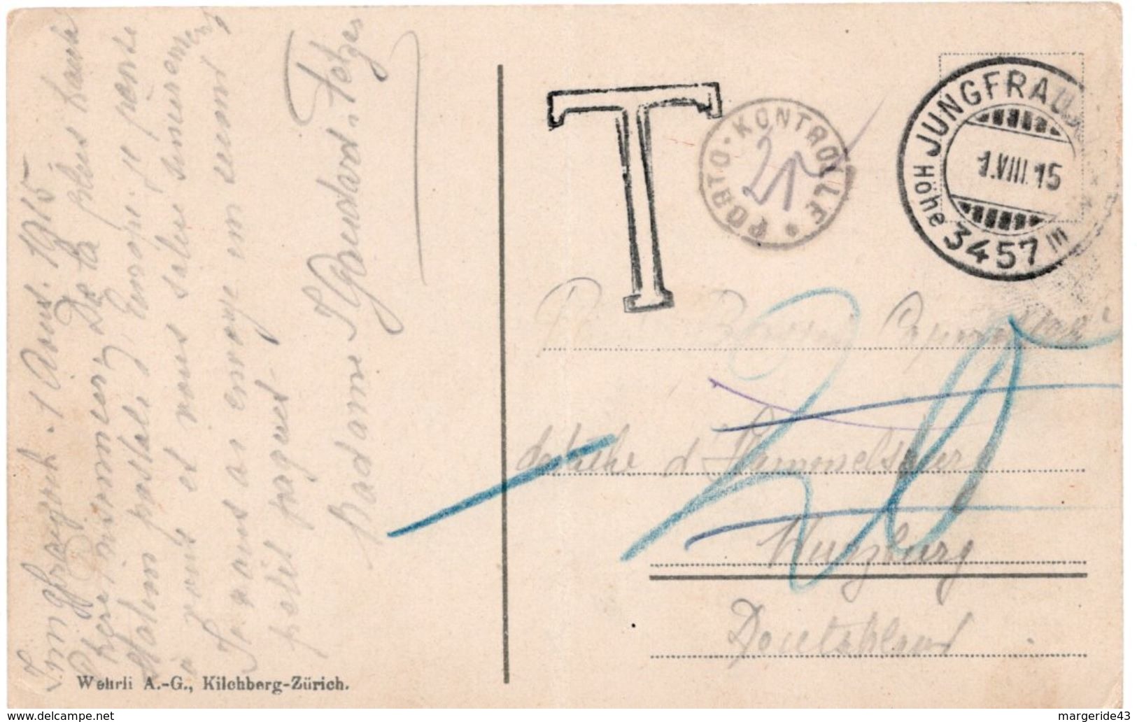 SUISSE CARTE DE JUNGFRAU TAXEE POUR DEFAUT D'AFFRANCHISSEMENT 1915 - Poststempel